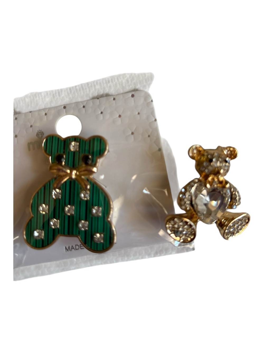 Green Enamel and Gold Crystal Teddy Pin Brooch